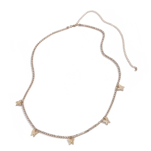 Minimalist gold body chain with zircon stones and five textured butterfly pendants