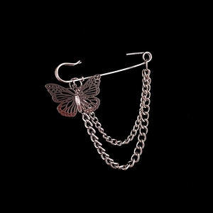 Silver double layer chain butterfly brooch with hanging tassel for suit accessories