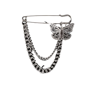 Silver double chain butterfly brooch with punk style safety pin for chic clothing