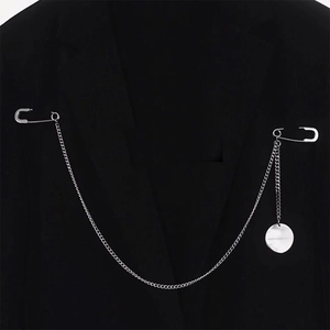 Punk style silver double safety pin brooch with long metal chains and round pendant charm