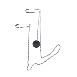 Punk style silver double safety pin collar chain with a round black metal pendant
