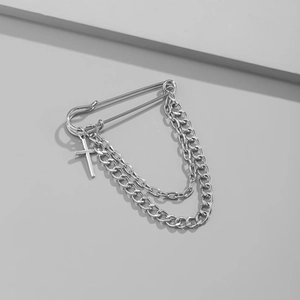 Retro punk style silver brooch with safety pin, multi-layer chains and cross pendant