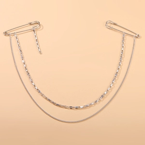 Industrial style double safety pin brooch with layered silver chains for suits and belts