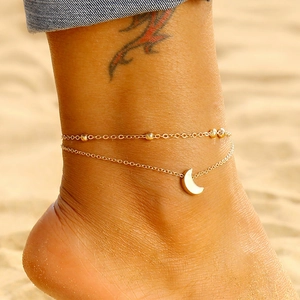 Tobillera de Doble Capa con Colgante de Luna de Aleación de Zinc Minimalista para Mujer Joyería de Vacaciones en la Playa con Detalles de Cuentas