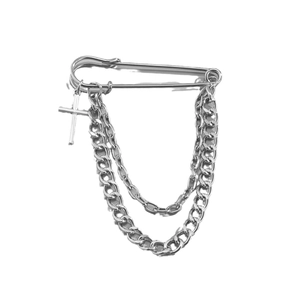 Punk silver safety pin brooch with double metal chains and cross pendant on white back