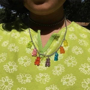 Y2K style necklace featuring seven colorful resin gummy bear pendants on a silver ball chain