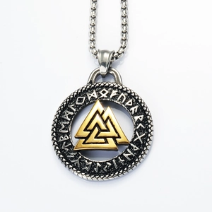 Vintage μενταγιόν Viking Valknut από ανοξείδωτο ατσάλι με χρυσούς ρούνους και αλυσίδα