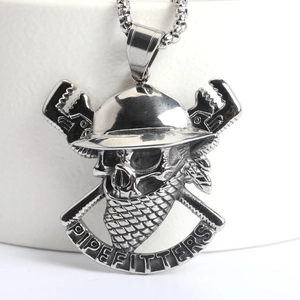 Retro Stainless Steel Skull Pipefitter Pendant Necklace For Men Industrial Punk Hard Hat Wrench Tool Jewelry Pipefitters Gift