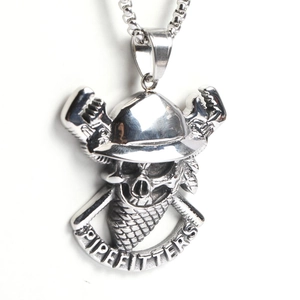 Punk style stainless steel pipefitter skull pendant necklace with crossed pipe wrenches