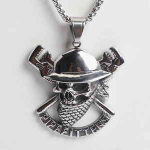 Punk style stainless steel pirate skull pendant with Pipefitters text for men