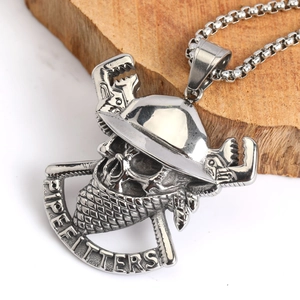 Punk style stainless steel pipefitters skull pendant necklace with wrench and hard hat