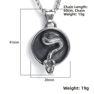 Colgante de serpiente vintage 41mm x 26mm con cadena de acero de 60cm de largo