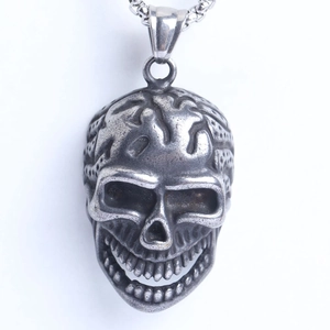 Vintage Edelstahl Totenkopf Wolf Mond Anhänger Halskette Für Herren Punk Gothic Hip Hop Schmuck Mit Quadratischer Künstliche Perlenkette