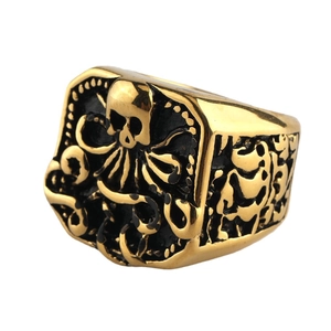 Punk-Ring für Herren aus Edelstahl mit Totenkopf und Kraken-Tentakeln in Goldoptik