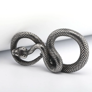 Macro detail of snake-shaped punk belt buckle with textured scales in vintage silver steel
