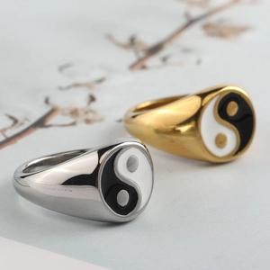 Minimalist stainless steel Tai Chi Yin Yang rings in gold and silver finish set