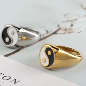 Minimalist stainless steel Yin Yang signet rings in gold and silver with polished finish
