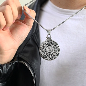 Vintage stainless steel Tibetan Buddhist pendant necklace with relief mandala pattern