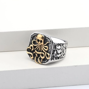 Punk-Stil Herrenring aus Edelstahl mit Krake-Schädel in Silber-Gold-Optik für Männer