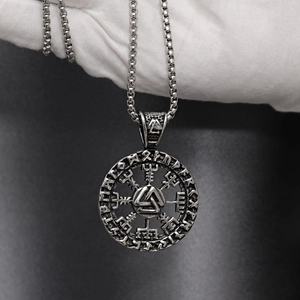 Detail of Viking Valknut pendant with Rune circle in aged silver stainless steel