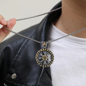 Nordic Viking Vegvisir compass necklace with gold details and stainless steel chain