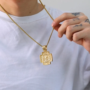 Retro punk gouden roestvrijstalen kruis hanger ketting voor heren met heilig reliëf