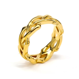 Minimalist irregular crossover gold stainless steel ring with hollow woven design