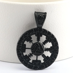 Nordic Viking Valknut pendant in black matte stainless steel with Runes engraving
