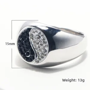 Punk vintage stainless steel Yin Yang ring with black and white crystals, 15mm wide band