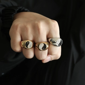 Punk vintage Yin Yang rings with crystals in gold and silver finish for men and women