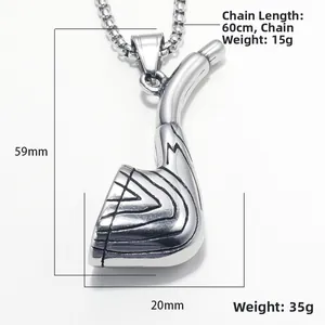 Retro stainless steel golf club pendant necklace with dimension specs and box chain