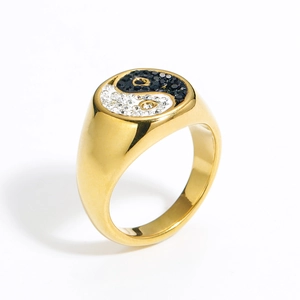 Punk vintage Yin Yang Tai Chi ring with crystals in gold-plated stainless steel