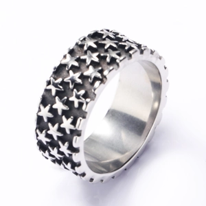 Bague punk large pour hommes en acier inoxydable avec trois rangées d'étoiles