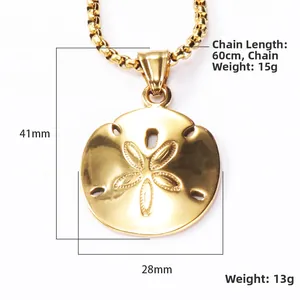 Polished gold stainless steel sand dollar pendant necklace with hollow flower design