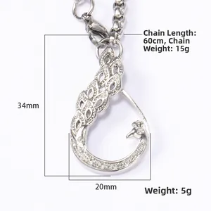 Silver peacock pendant necklace in stainless steel with crystal detailing and chain