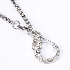 Polished stainless steel peacock pendant necklace with sparkling crystal inlay on box chain