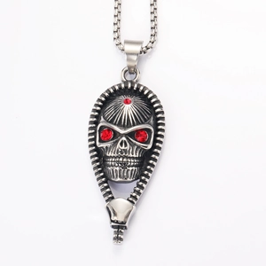 Retro punk skull pendant in silver steel with red gem eyes on a square pearl chain