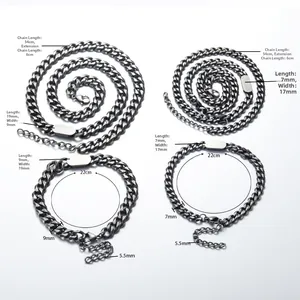 Punk style dark grey Cuban chain necklace and bracelet set in vintage titanium steel