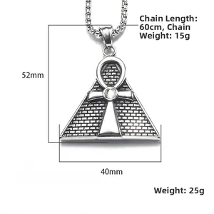 Ancient Egyptian Eye of Horus pyramid pendant with Ankh cross in retro silver finish