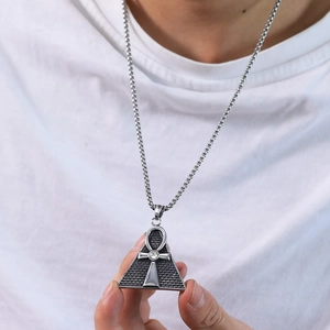 Hip hop men's stainless steel necklace with silver Eye of Horus pyramid pendant