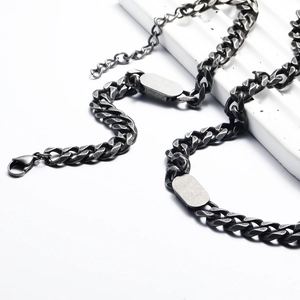 Punk vintage grey Cuban chain set with dual ID plates and lobster clasp for men