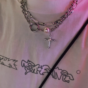 Y2K Punk Silber Schichtenkette mit Perle und Strass-Kreuzanhänger für Damen