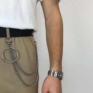 Double layered silver punk hip-hop wallet chain with large metal ring for men