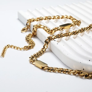 Gold punk Cuban chain necklace with smooth rectangular metal plates in minimalist style