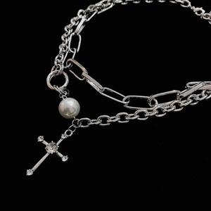 Vintage Punk Silber Gliederkette mit Kreuzanhänger und Perle für Damen und Herren