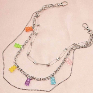 Three-layer silver chain belt with colorful gummy bears and trendy safety pins decoration