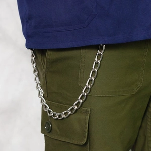 Men's silver metal chain accessory for cargo pants showing stylish street fashion look