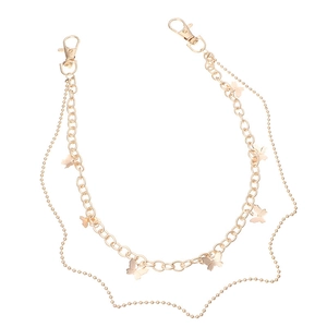 Double-layer gold metal pants chain with butterfly pendants and lobster clasps