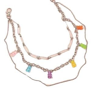 Three-layer silver bead chain featuring colorful resin gummy bears and metallic lobster clasp