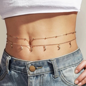 Chaîne de Taille Double Couche en Alliage de Zinc Bohème Vintage avec Pendentif Lune et Perles Métalliques Bijoux de Corps Femme